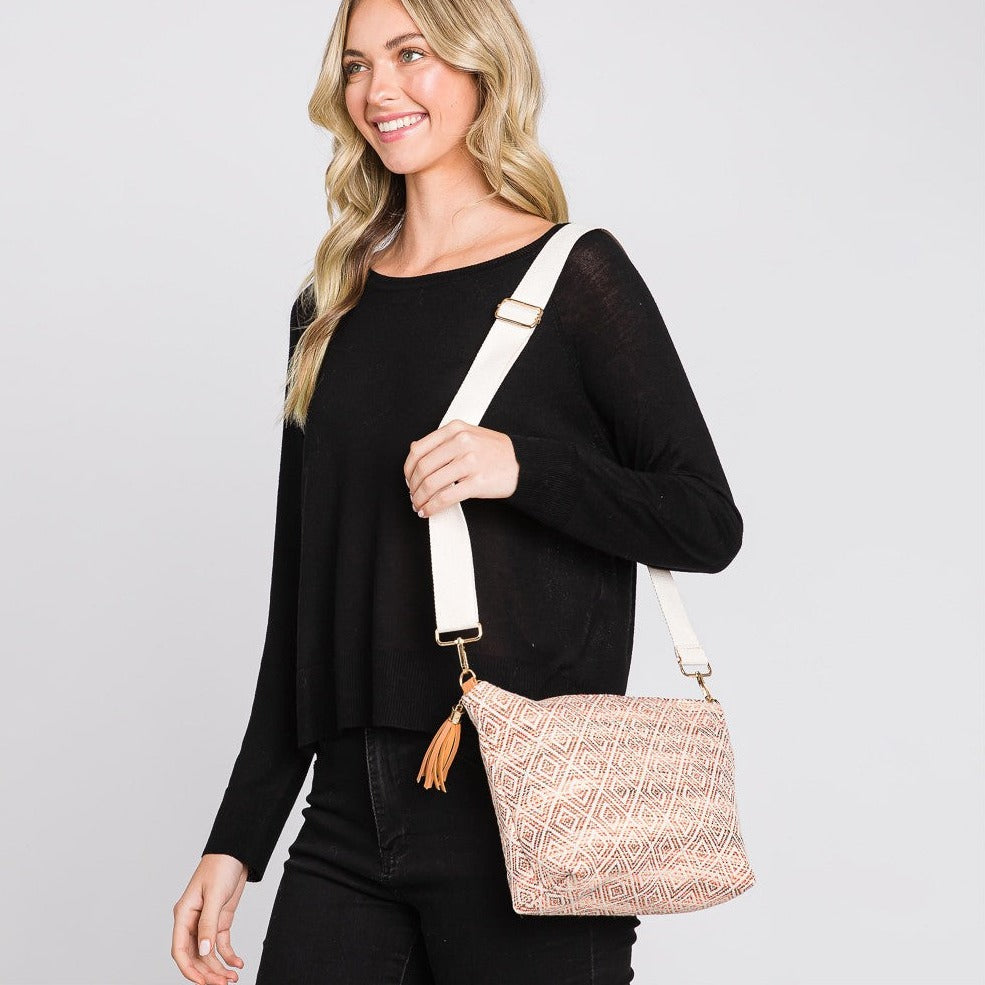 Knit Diamond Cross Body Bag With Tassel Zipper. Full Zipper Closure. Removable / Adjustable Strap. Lined Body With One Open Internal Pocket. Body Approximately 11.5" W X 8"T X 3" D. Strap Drop Adjustable 14-26" L. 100% Polyester