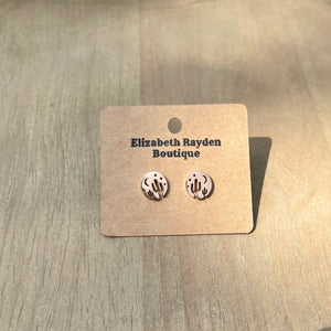 Stainless steel stud earrings. Desert scene cactus with moon and stars. 10mm.