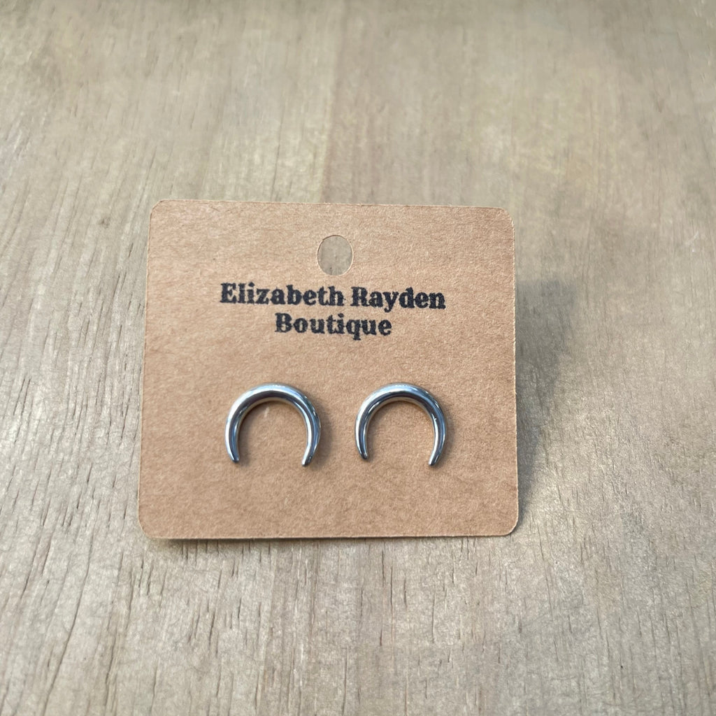 Crescent moon stud earrings in stainless steel. 14mm x 12.5mm.