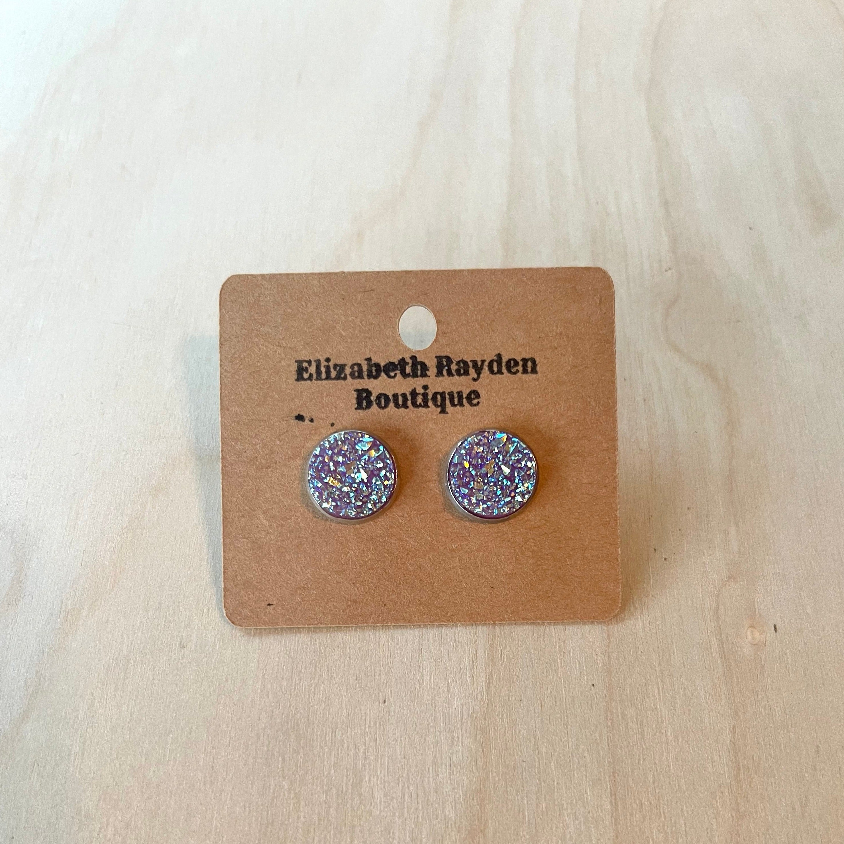 Handcrafted stud earrings with stainless steel. 14mm. 12mm resin faux druzy stones. 