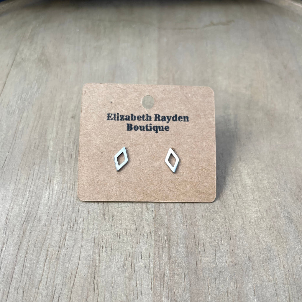 Rhombus stud earrings in stainless steel. 9.7mm x 5mm.