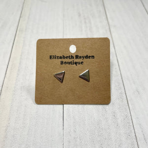 Minimalist stud earrings in stainless steel. Triangle geometric shape. Lead free and nickel safe.  8mm x 7mm.