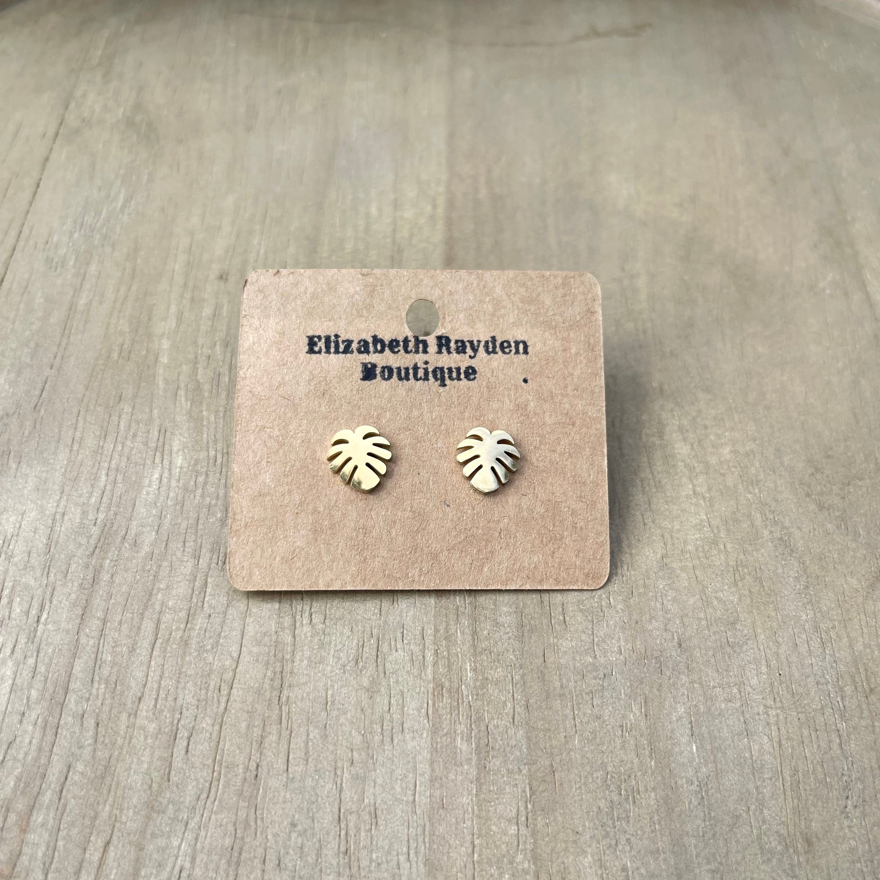 Palm leaf stud earrings in 304 stainless steel. Measurements: 8mm x 8mm. Lead free and nickel safe.