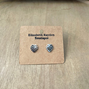 Palm leaf stud earrings in 304 stainless steel. Measurements: 8mm x 8mm. Lead free and nickel safe.