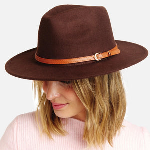 <li><span data-mce-fragment="1">Felt wide brim hat with simple leather buckle band.</span></li> <li>One size fits most.</li> <li>Adjustable drawstring.</li> <li>Brim approximately 2.5" W</li> <li><span data-mce-fragment="1">100% Polyester</span></li>