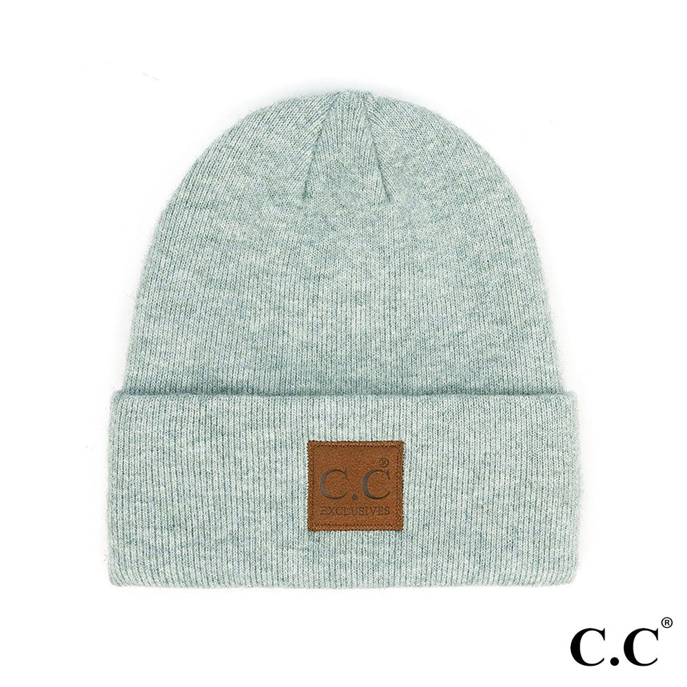 C.C Heather knit beanie hat with suede patch. One size fits most. 97% Recycled polyester / 3% spandex.