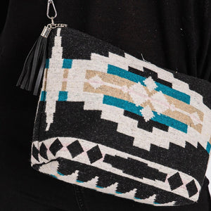 Western print crossbody bag with guitar strap and tassel details. Zipper closure. Lined with one pocket inside. Approximately 11"W X 8" T X 3" D. Adjustable / Removable strap. Strap adjustable 25-50" 100% Cotton