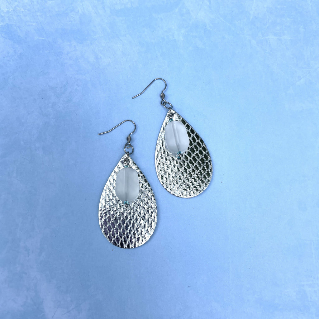 Handcrafted earrings on all stainless steel.  Earring wires are surgical stainless steel. Real suede leather tear drops.  Matte finish glass beads. 