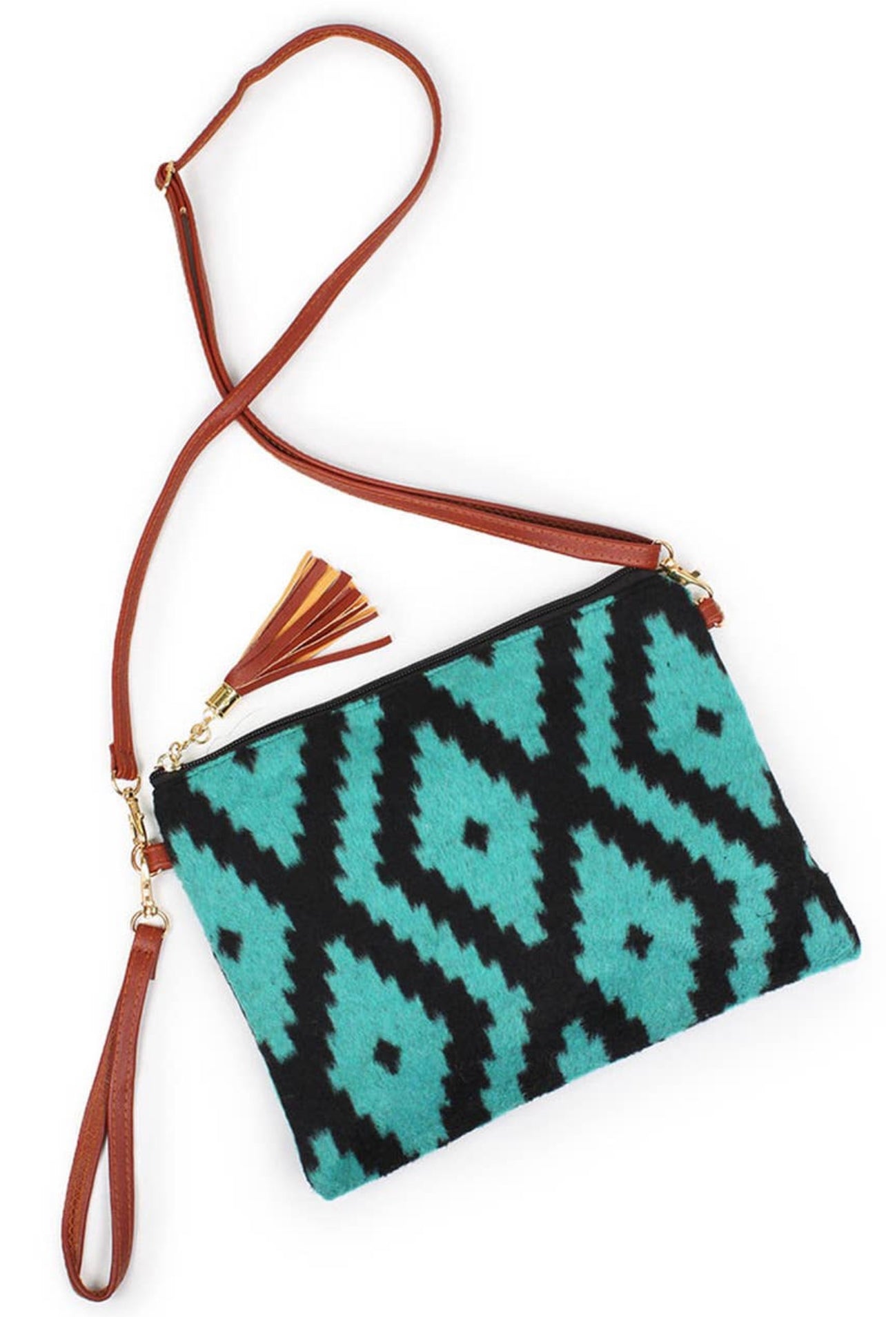 Aztec print crossbody clutch bag. 100% polyester. 10.7" x 8.5"