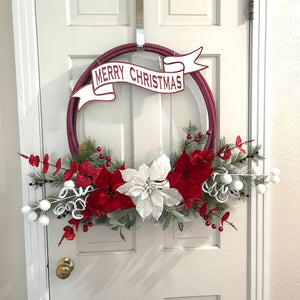 Handcrafted Christmas wreath on an upcycled lariat roping rope. Florals and metal sign. Width of rope: 21 1/2 inches. Width with décor: Approximately 34 inches.