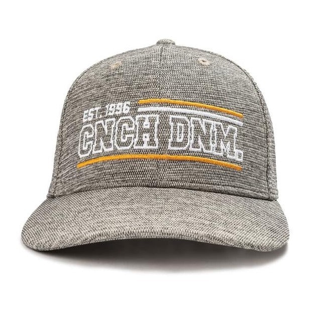 Cinch fitted cap. Heather gray cap is designed with front and back logo embroidery. Size: S/M.