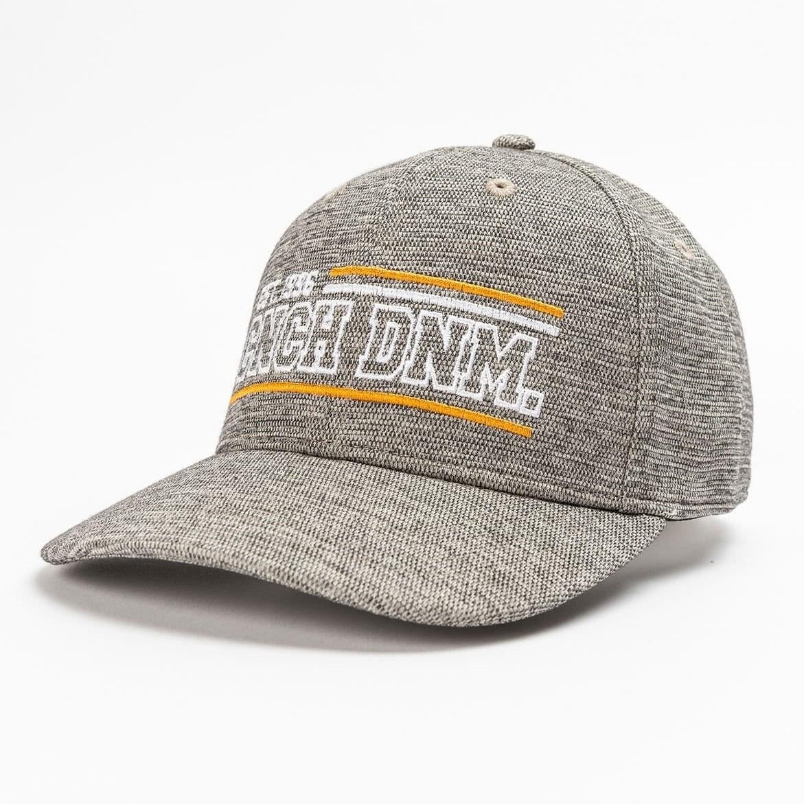 Cinch fitted cap. Heather gray cap is designed with front and back logo embroidery. Size: S/M.