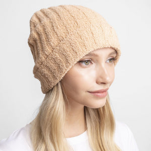 Solid Print Comfy Luxe Beanie. One Size Fits Most. 100% Polyester Microfiber. Cuffed. Wrinkle-Resistant. Care: Machine Washable. Lay Flat to Dry or Tumble Dry Low. Steam or Cool Iron if Necessary. 