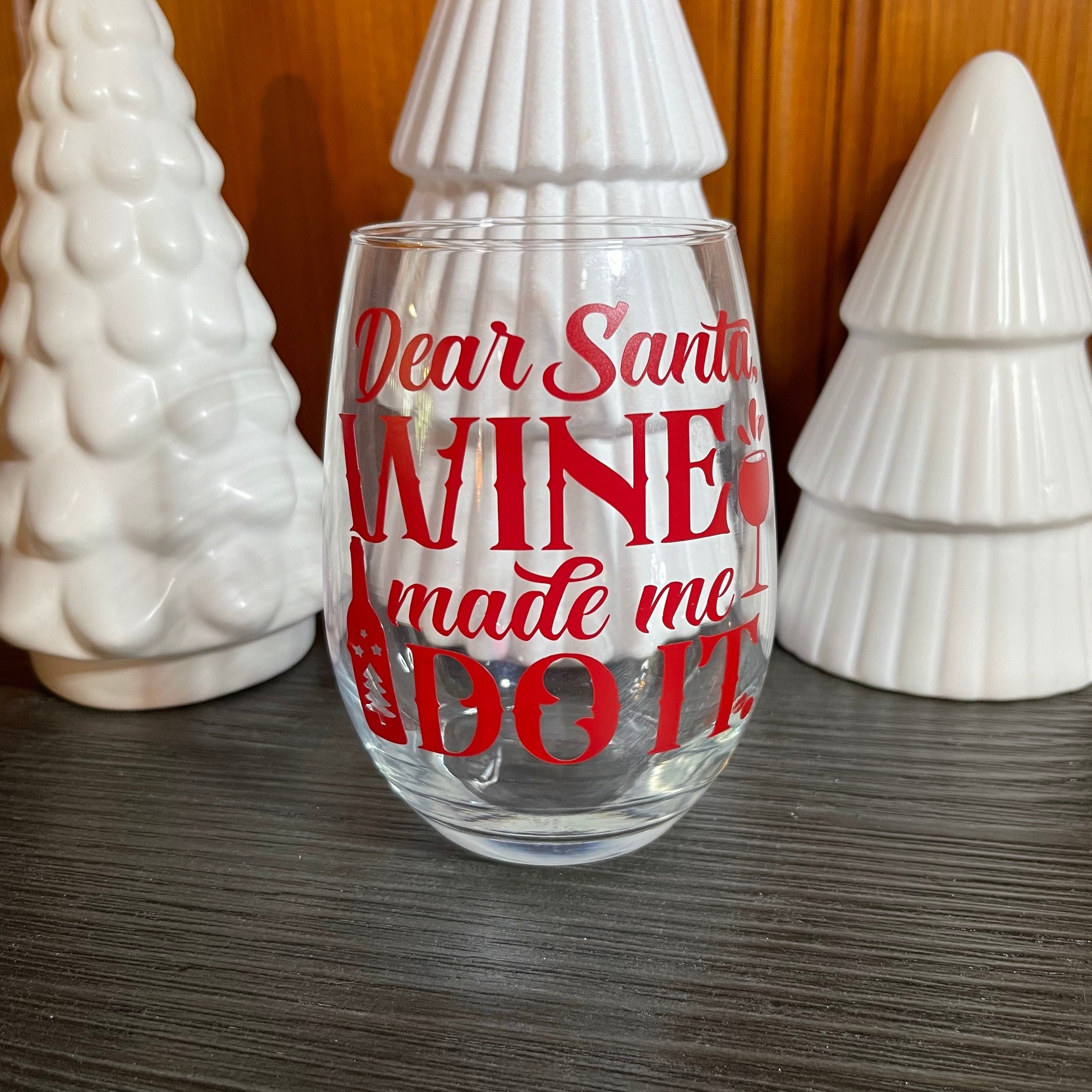 Glass stemless wine glass adorned with witty saying in permanent vinyl. Holds 20 ounces of liquid. Care instructions: Hand wash only, not dishwasher safe, do not microwave, and do not soak. 