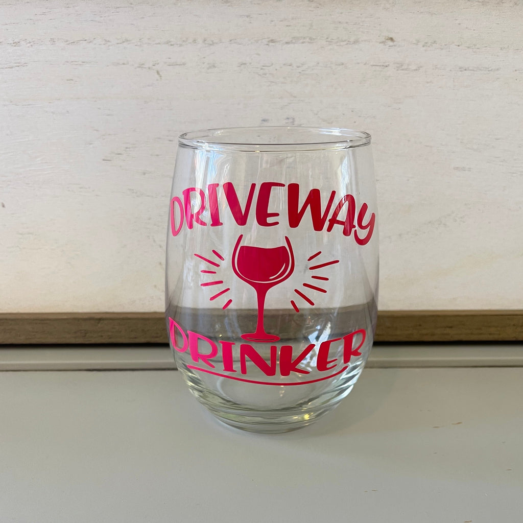 Glass stemless wine glass adorned with witty saying in permanent vinyl.  Holds 20 ounces of liquid. Care instructions: Hand wash only, not dishwasher safe, do not microwave, do not soak.