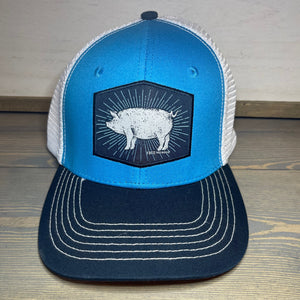 Men's Farm Boy radiant hog cap. One size fits most. Mesh back. Adjustable snapback closure. Blue/White.