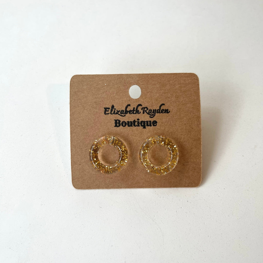 Silver glitter circle stud earrings. Acrylic. Nickle free.