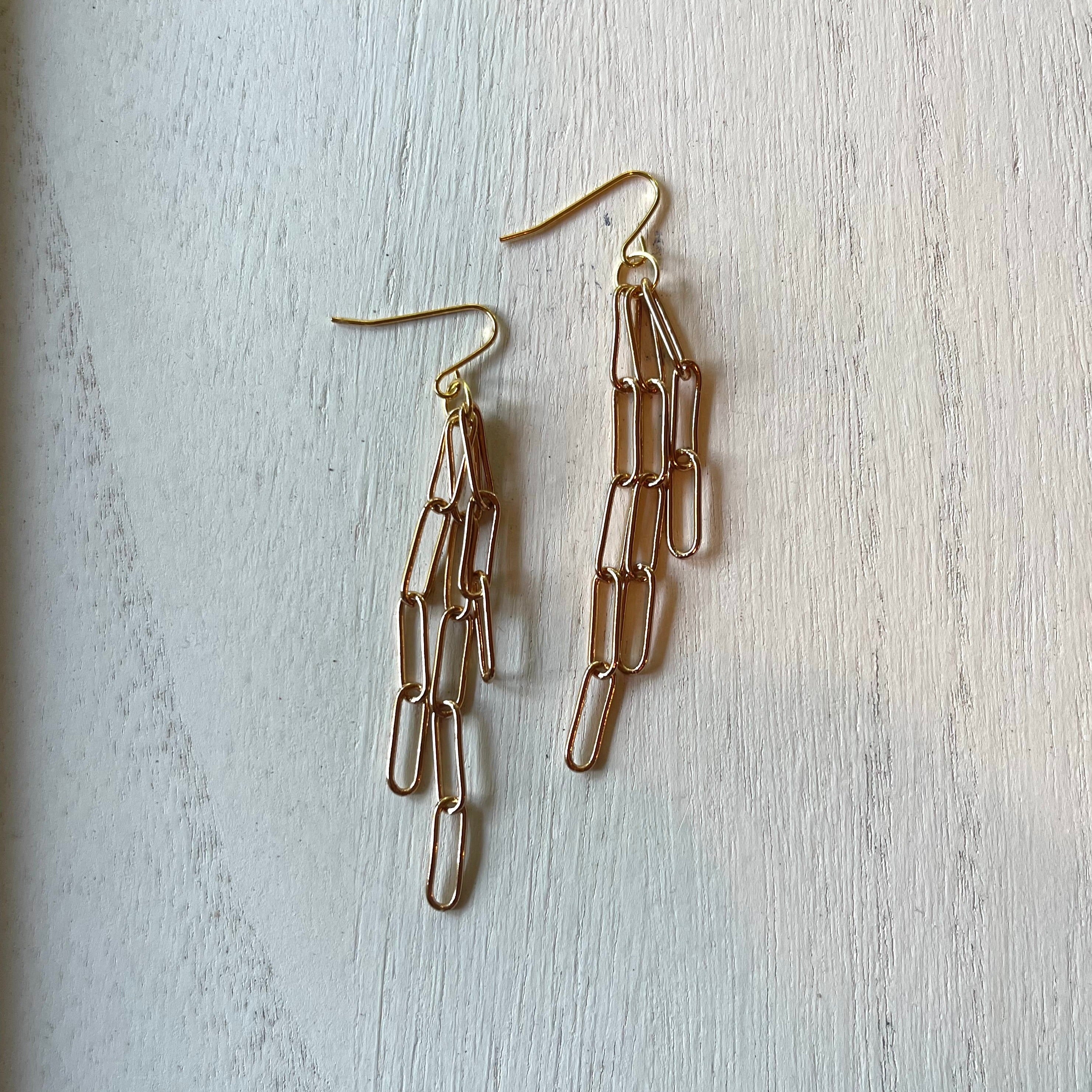 Handcrafted on 18K gold plated earring wires. Gold plated paper clip chain.