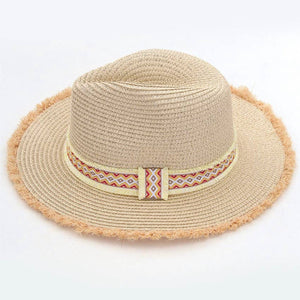 Frayed trim straw hat. Aztec frayed band. 100% paper. One size fits most. Adjustable. 