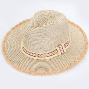 Frayed trim straw hat. Aztec frayed band. 100% paper. One size fits most. Adjustable. 