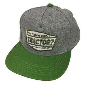 Men's Farm Boy tractor adjustable ball cap. Snapback Classic. Bendable bill. Choose your style: flat or curved. Green and gray. One size fits most.