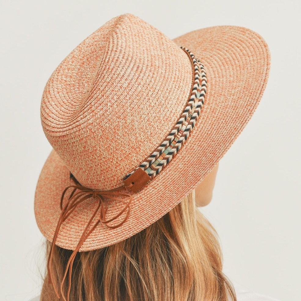 100% paper straw. Multi colored braided and striped fabric band with faux leather bow. 14.5" x 14". 3" Brim. Approx. 23" circumference. Sweatband. One size fits most. Do not wash, tumble dry, or iron.