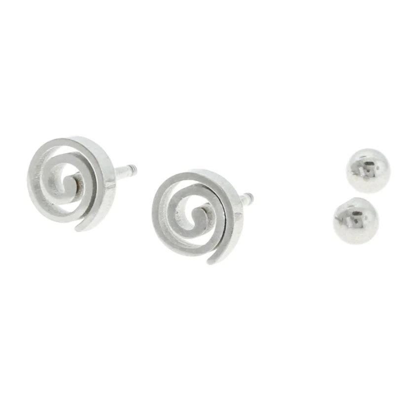 Spiral stud earrings in stainless steel. Measurements: 6mm x 4mm. Pin Thickness: 1mm, 18 gauge. Lead free and nickel safe. 