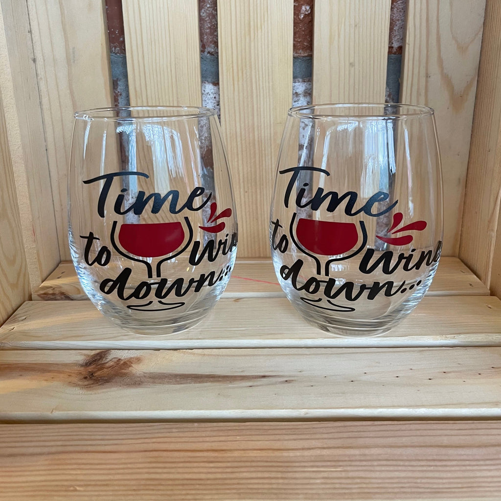 Glass stemless wine glass adorned with witty saying in permanent vinyl.  Holds 20 ounces of liquid. Care instructions: Hand wash only, not dishwasher safe, do not microwave, do not soak.