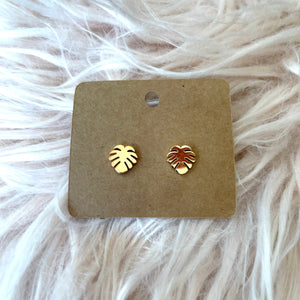 Palm leaf stud earrings in 304 stainless steel. Measurements: 8mm x 8mm. Lead free and nickel safe.