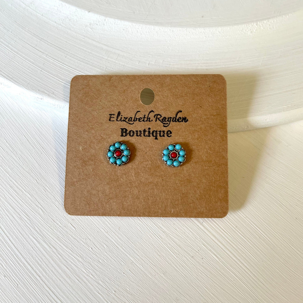 Turquoise flower stud earrings. Burnished silvertone. Faux stones.