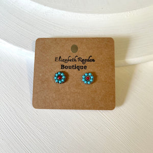 Turquoise flower stud earrings. Burnished silvertone. Faux stones.