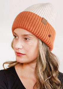 Beige/Blush beanie. 100% Acrylic. Knit ribbed brim beanie with buttons.