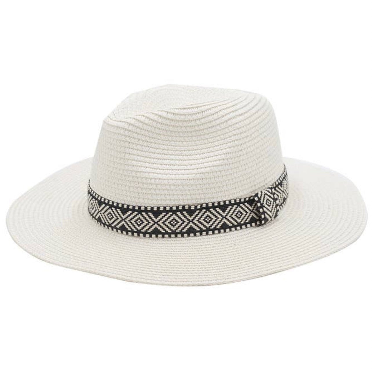 Banded White Straw Hat 100% Paper Straw Embroidered Fabric Band with Loop Accent 13.75" x 14.5" (Total) 3" Brim Approx. 23" Circumference (Opening) Sweatband One Size Fits Most Do Not Wash, Tumble Dry, or Iron