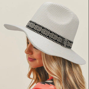 Banded White Straw Hat 100% Paper Straw Embroidered Fabric Band with Loop Accent 13.75" x 14.5" (Total) 3" Brim Approx. 23" Circumference (Opening) Sweatband One Size Fits Most Do Not Wash, Tumble Dry, or Iron