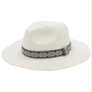 Banded White Straw Hat 100% Paper Straw Embroidered Fabric Band with Loop Accent 13.75" x 14.5" (Total) 3" Brim Approx. 23" Circumference (Opening) Sweatband One Size Fits Most Do Not Wash, Tumble Dry, or Iron