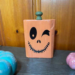 Winky Face - Wooden Pumpkin Decor Handcrafted wooden pumpkin. Stands 8 1/2 inches tall.  Width: 5 3/8 inches. Depth 1.5 inches.