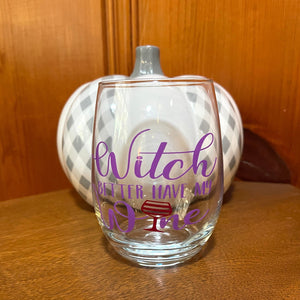 Glass stemless wine glass adorned with witty saying in permanent vinyl. Holds 20 ounces of liquid. Care instructions: Hand wash only, not dishwasher safe, do not microwave, and do not soak. 