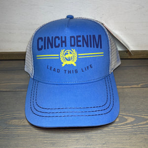 Cinch denim cap. Blue and white. Snapback closure.