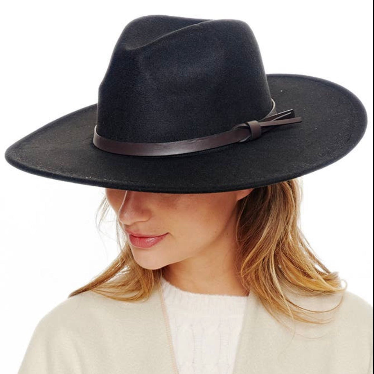 Felt wide brim fedora hat featuring solid leather band. 100% polyester. Adjustable drawstring inside hat. One size fits most. Hat circumference: 22.5" Brim width: 4" Color: Black.