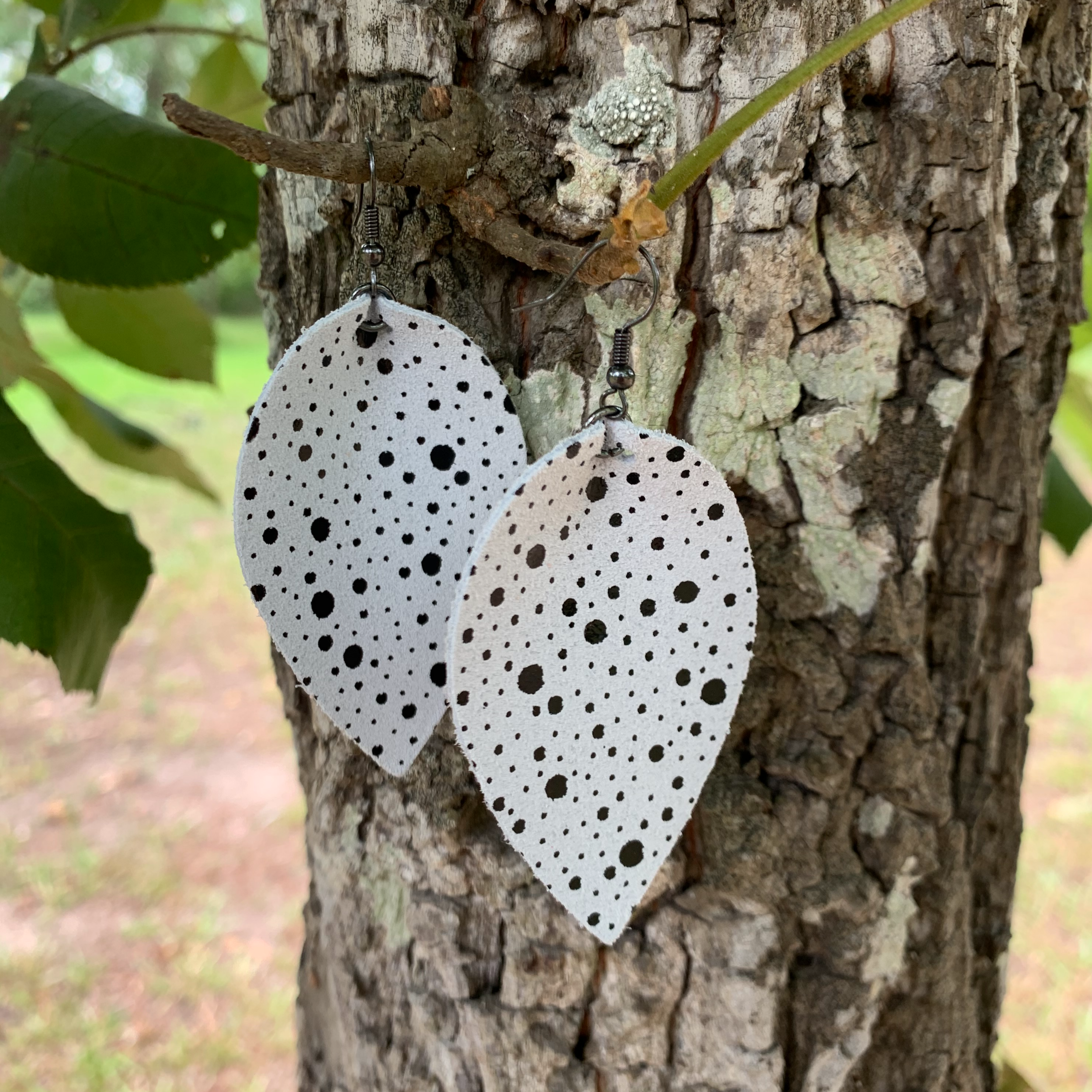 Black and White Polka Dot Leather Leaf Earrings