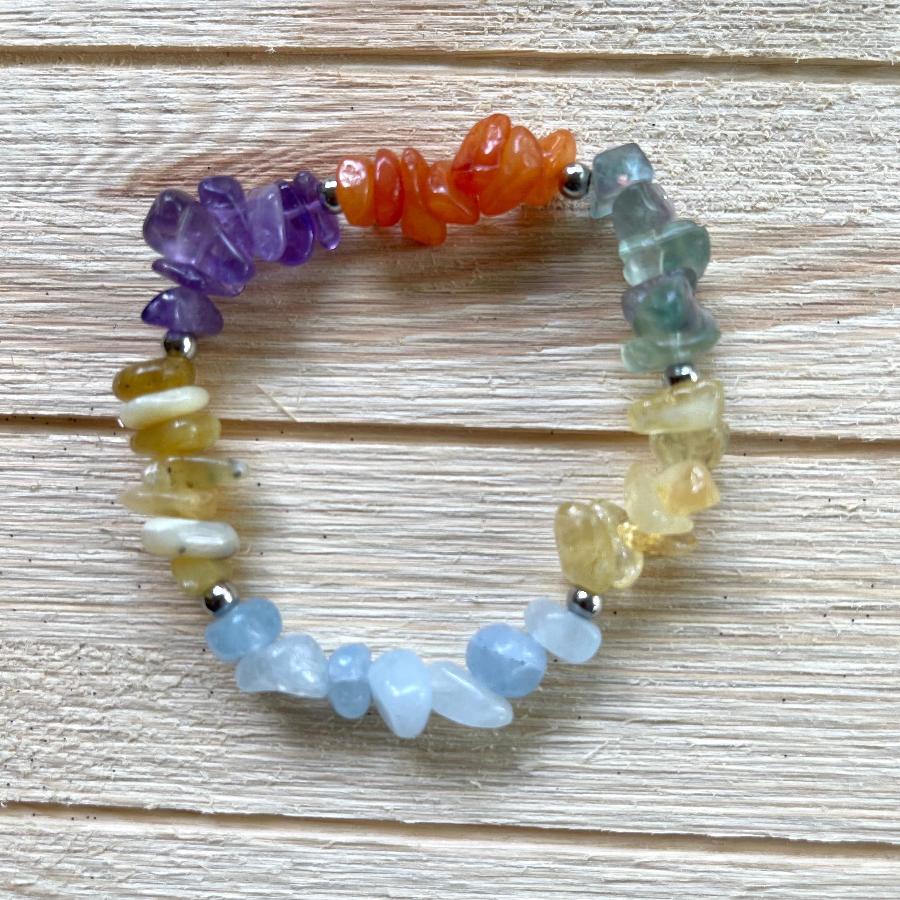 Handcrafted stretch bracelet on professional Ninja Stretch Cord. Beaded with orange dyed quartzite, aquamarine, amethyst, citrine, florite, yellow opal, and stainless steel.