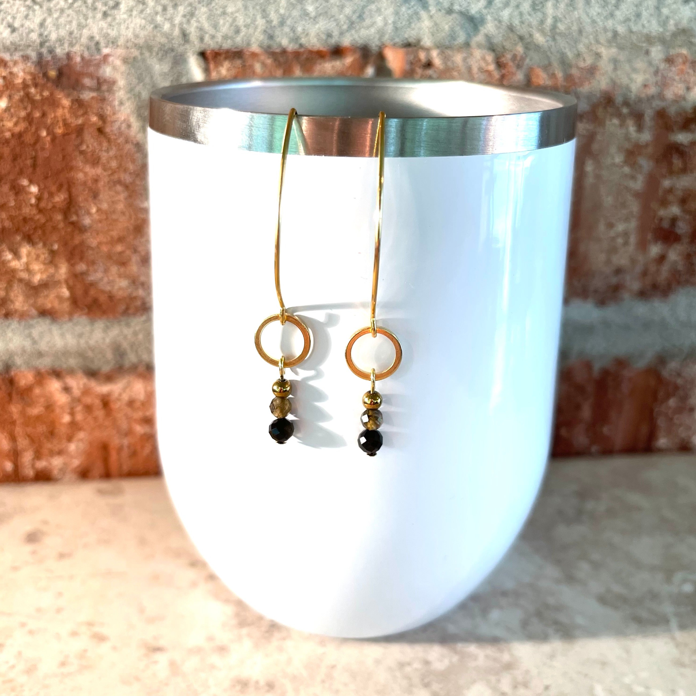 Handcrafted earrings with gold hematite, gold labradorite, and gold sheen obsidian.  10k gold plated marquise style earring wires with tiny rings. 