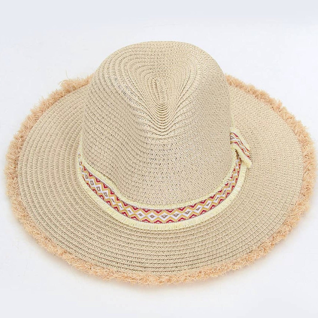 Frayed trim straw hat. Aztec frayed band. 100% paper. One size fits most. Adjustable. 