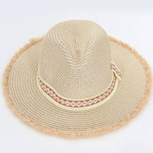 Frayed trim straw hat. Aztec frayed band. 100% paper. One size fits most. Adjustable. 