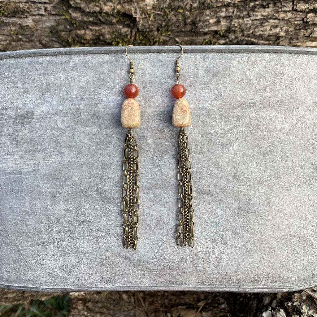 Handcrafted with brass chains and earring wire. Beaded with autumn jasper and carnelian beads. Drop length is 4 1/2 inches.